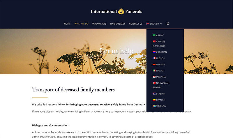 internationalfunerals.dk kan læses på 12 sprog
